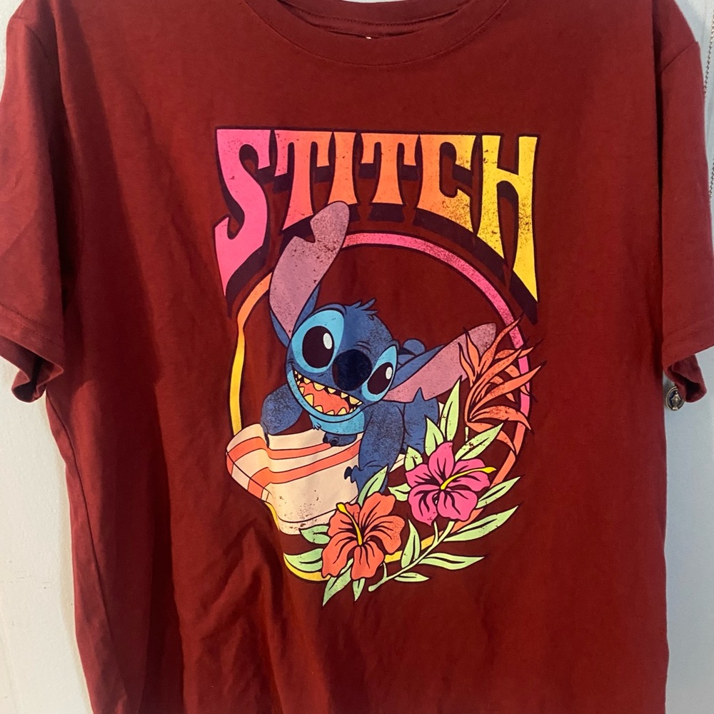 Disney Kids Maroon Tee with Blue Stitch and Neon Floral Graphic